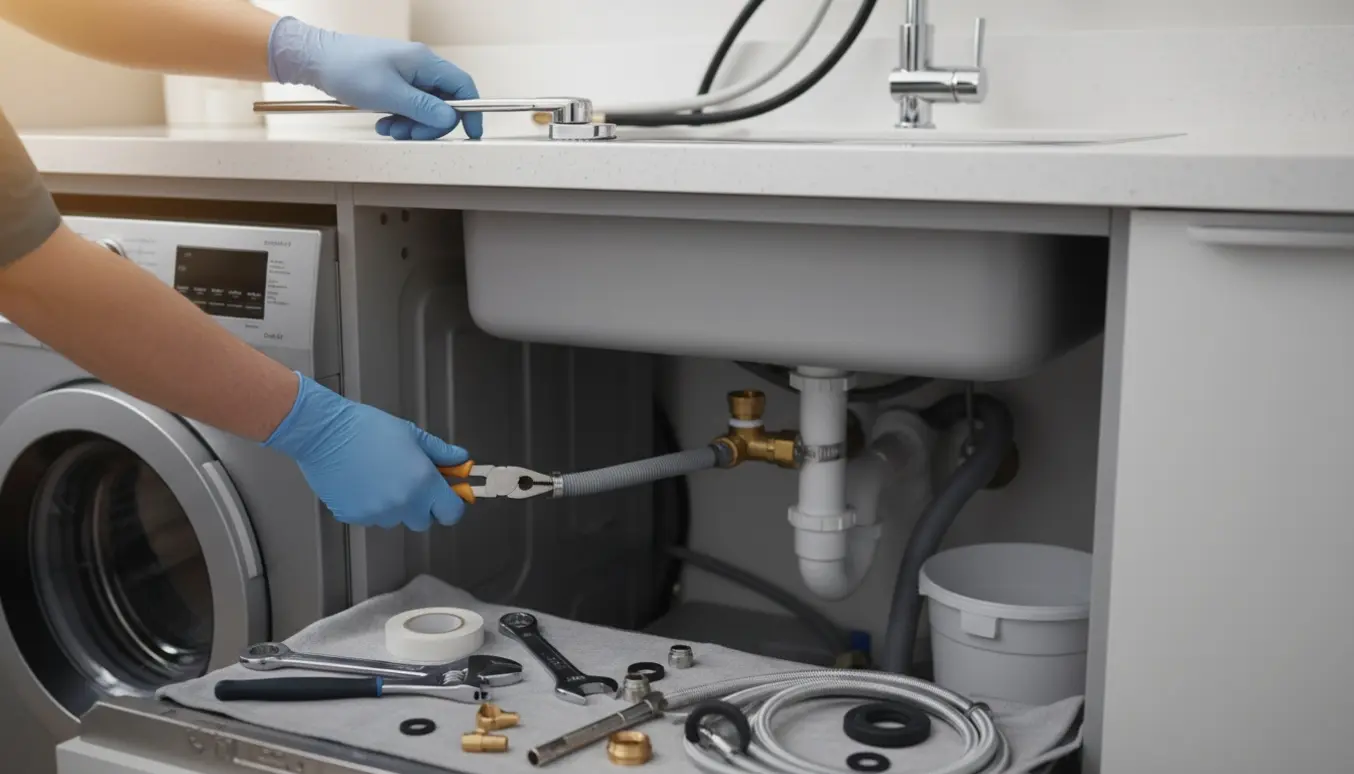 Par hænder installerer et kromarmatur og tilslutter opvaskemaskine og vaskemaskine under køkkenvasken.