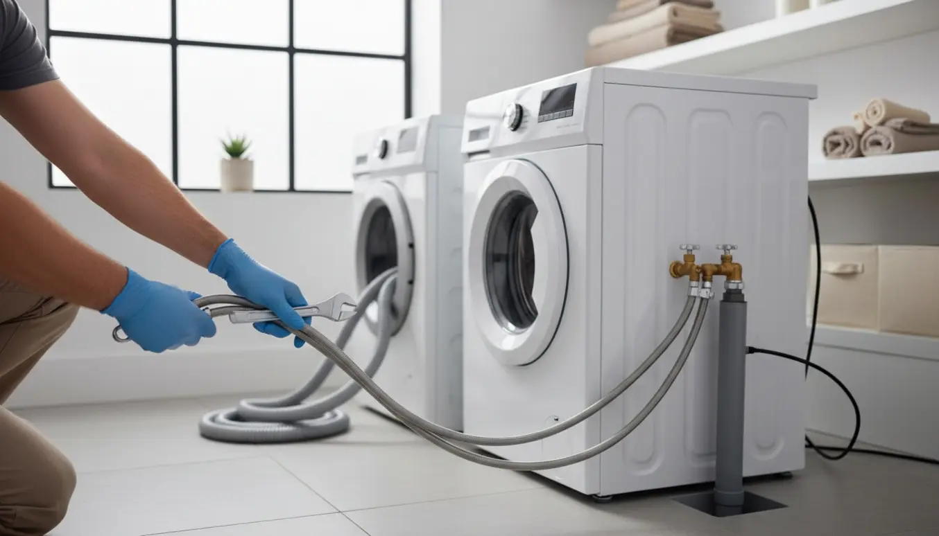Tekniker forbinder vandslanger og installerer en ny vaskemaskine i et lyst bryggers.