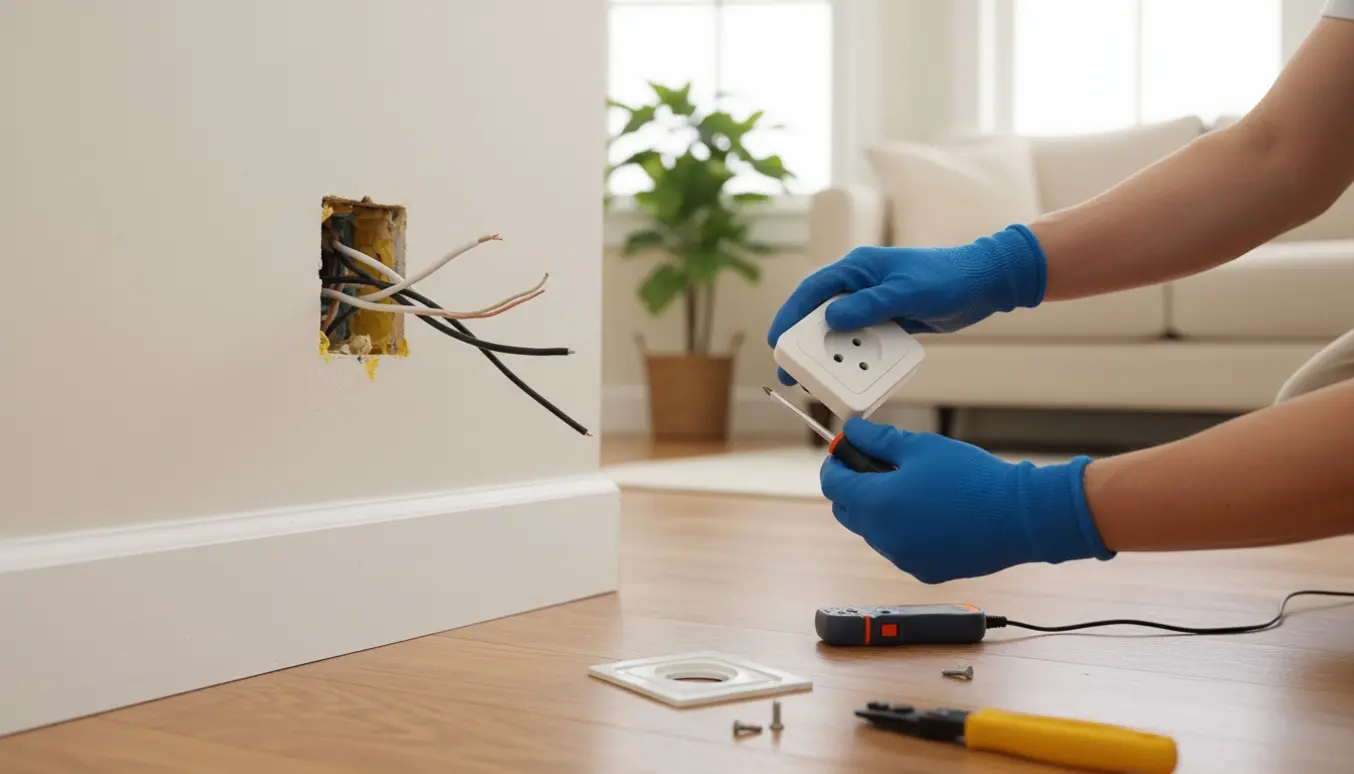 Nærbillede af handske‑beklædte hænder, der udskifter en gammel stikkontakt med et nyt stik i en stue.