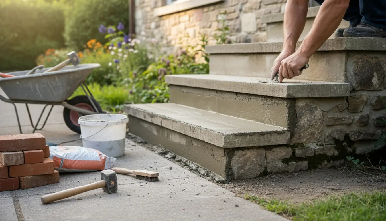 Nærbillede af renovering af en muret udendørstrappe med mørtel og værktøj.