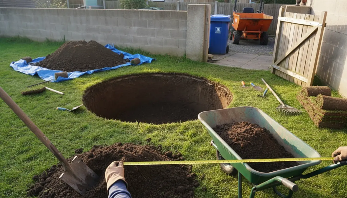 Cirkulært hul til trampolin graves i en baghave med trillebør, skovl og åben smal havedør.