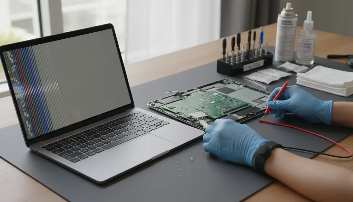 To slanke bærbare computere på et reparationsbord, den ene med flimmerende, misfarvet skærm og den anden delvist adskilt og vandskadet, omgivet af reparationsværktøj.