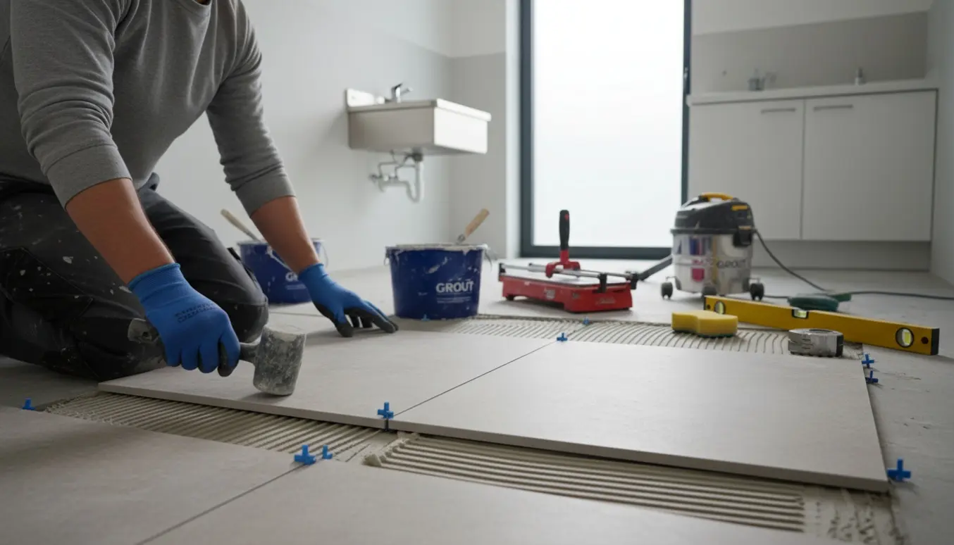 Hænder lægger fliser i et lille klinikvaskerum med fliser og værktøj omkring.