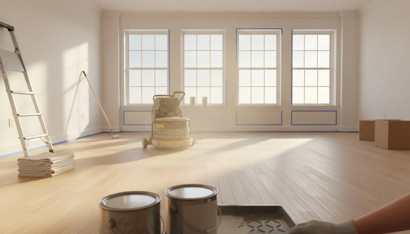 Loftslejlighed med lyse trægulve under slibning, malerudstyr og nymalede lister ved fraflytning.