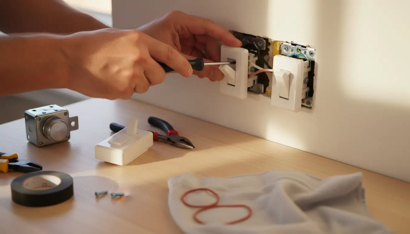 Nærbillede af hænder, der skifter en lysdæmper til en almindelig tænd/sluk-kontakt og fastgør løse kontakter.
