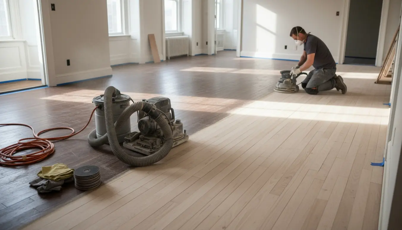 Slibning af trægulv i næsten tom lejlighed med delvist slebet gulv og slibemaskine.