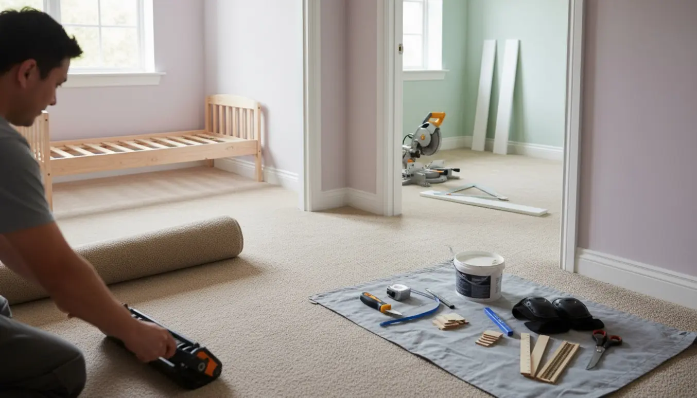 Installatør tilpasser væg-til-væg tæppe i børneværelse med værktøj og nyskårne gulvpaneler klar til montering.