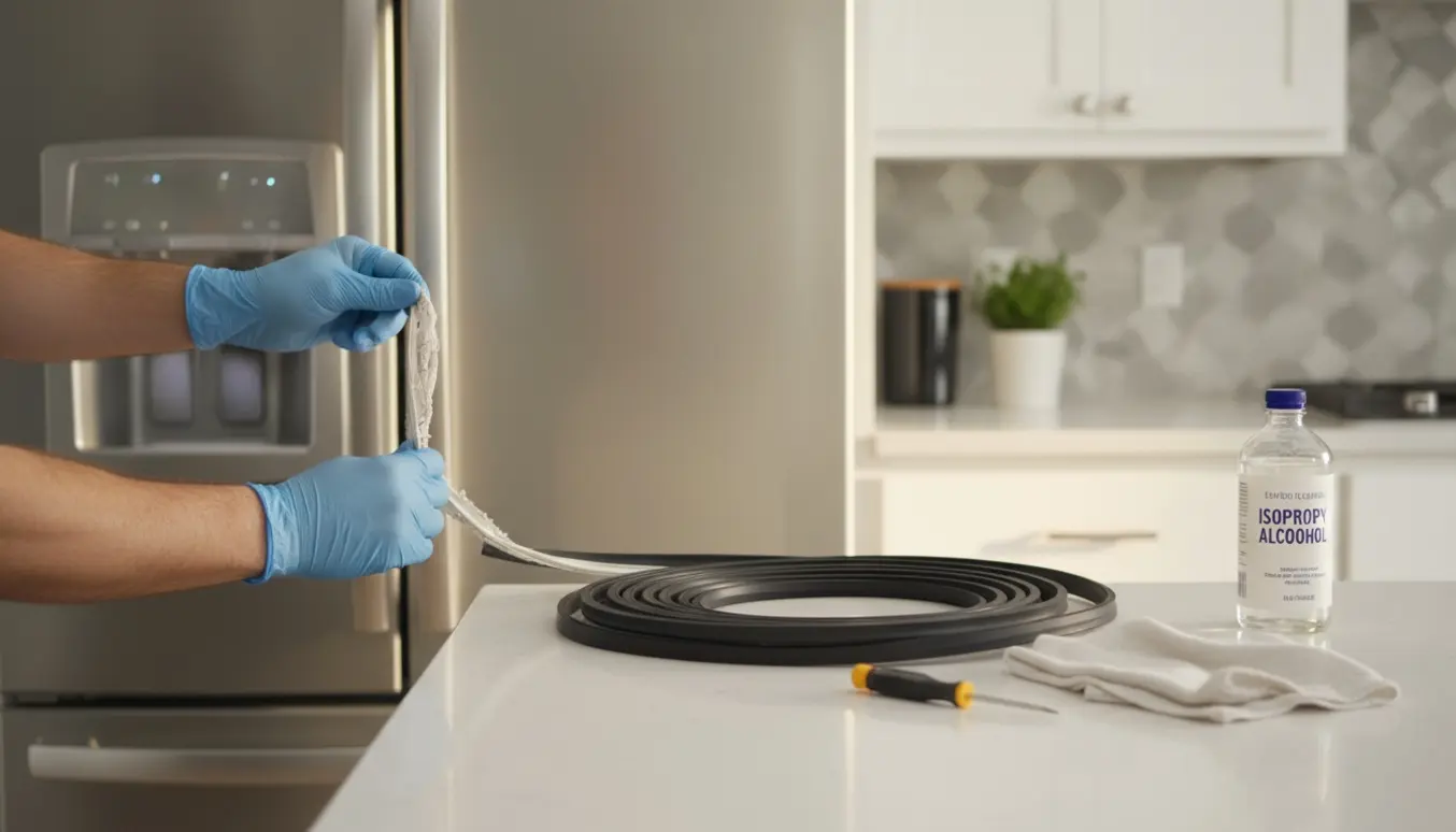 Nærbillede af hænder, der udskifter gummiliste på køleskabsdør i et lyst køkken.