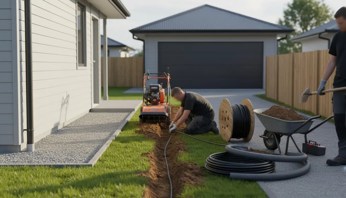 Smalt mellemrum mellem hus og garage med en lille traktor, en frisk grøft og et elkabel klar til nedlægning.
