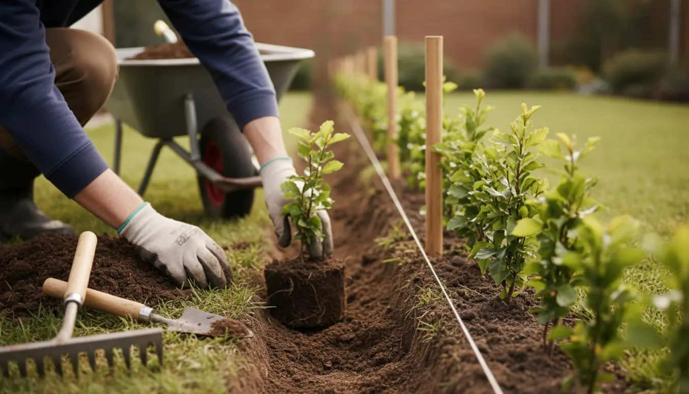 Hænder planter en ny bøgehæk i en frisk udgravet rende, med række af små planter i baggrunden.