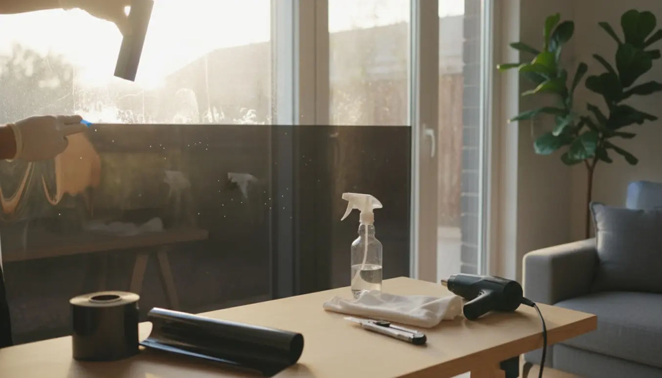Hænder monterer solfilm på et vindue med skraber, sprøjteflaske og rulle film i forgrunden.