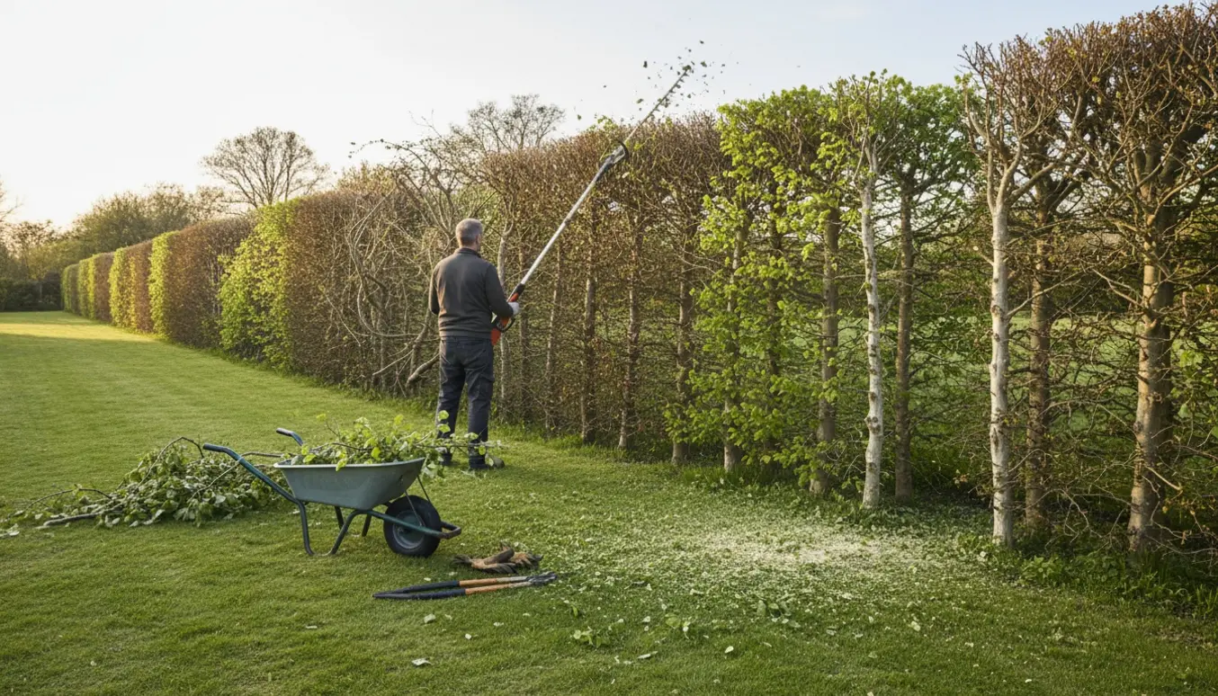 En håndværker trimmer en gammel bøgehæk på cirka 30 meter med hækkeklipper, mens afklippede grene ligger i en trillebør.
