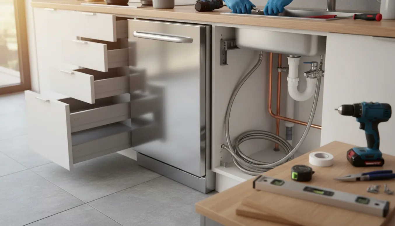 Smal opvaskemaskine installeres i køkkenskab med fjernet skabsfront og synlige VVS-rør under vasken.