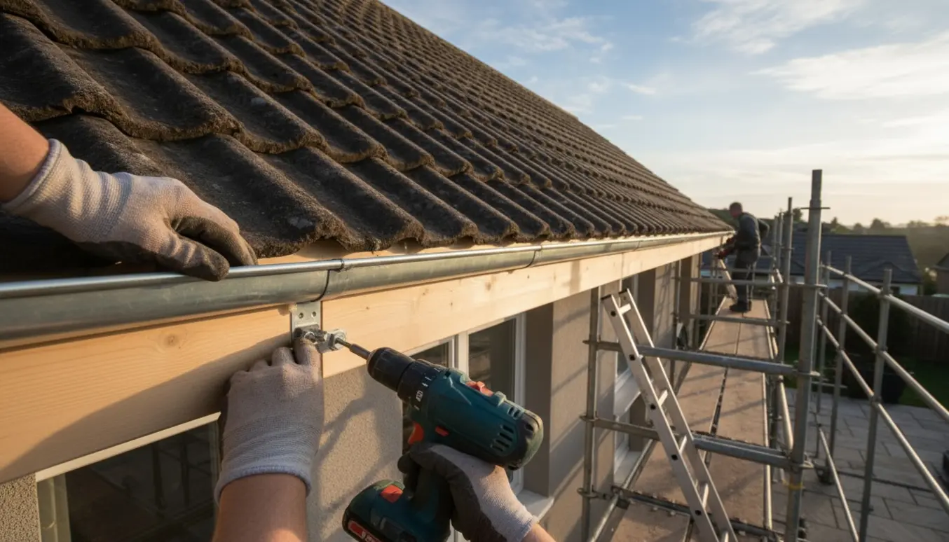 Ny zinktagrende monteres langs husets sternbrædder med nedløb i hver ende.