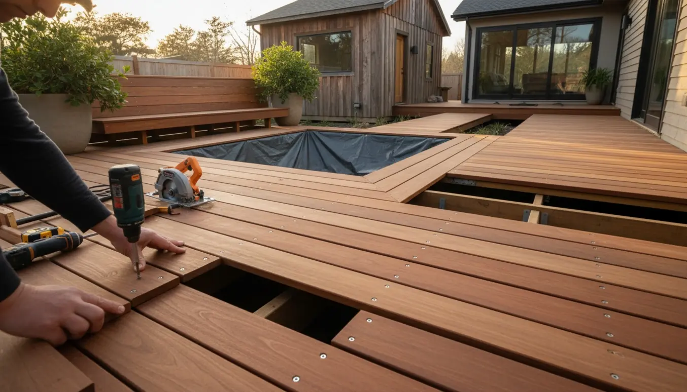 Ny træterrasse under opbygning omkring et værksted med plads til spa og en gang til huset.