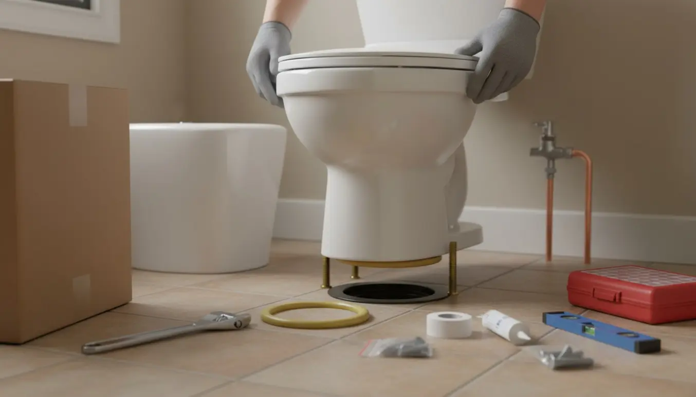 Hands-on installation af en ny toiletkumme på badeværelsesflangen med værktøj og åben emballage ved siden af.