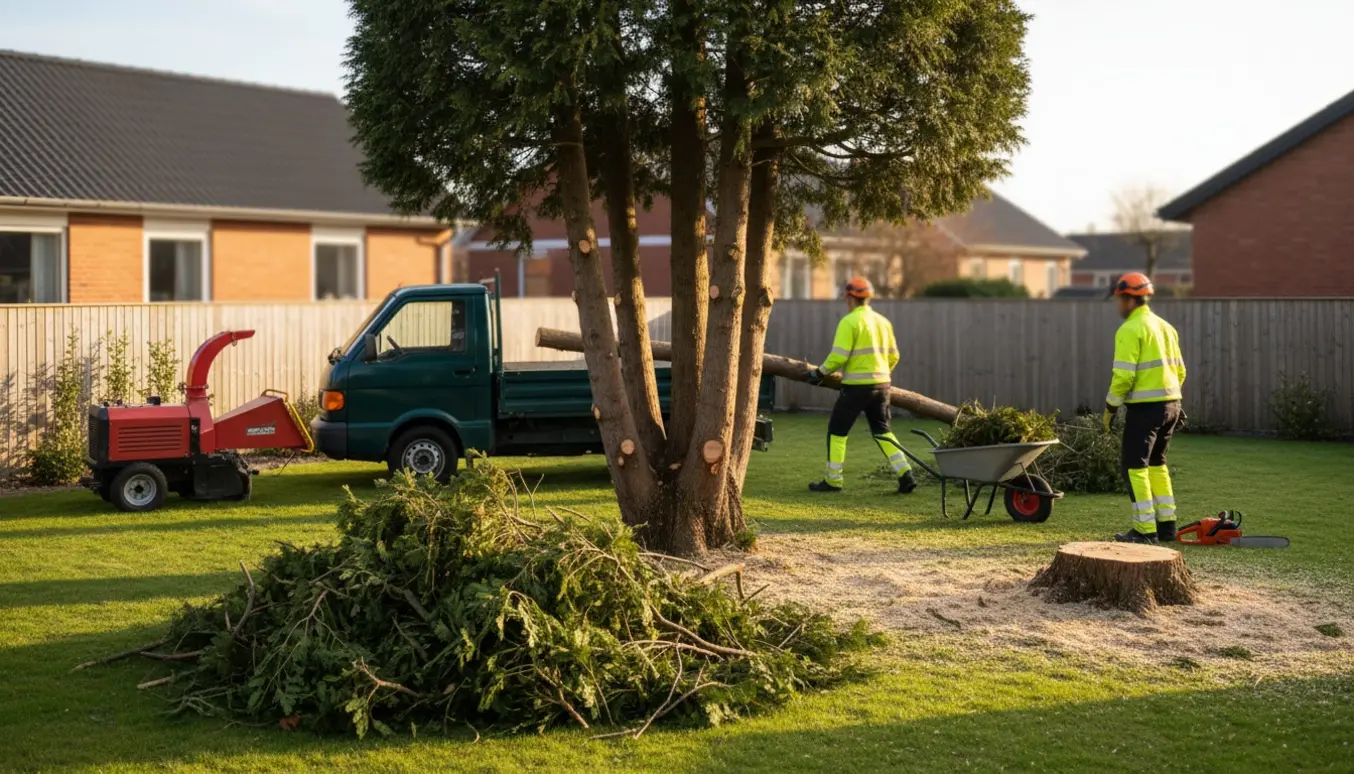 En havearbejder læsser en firestammet thuja, fældning og bortkørsel i en villahave ved Silkeborg.