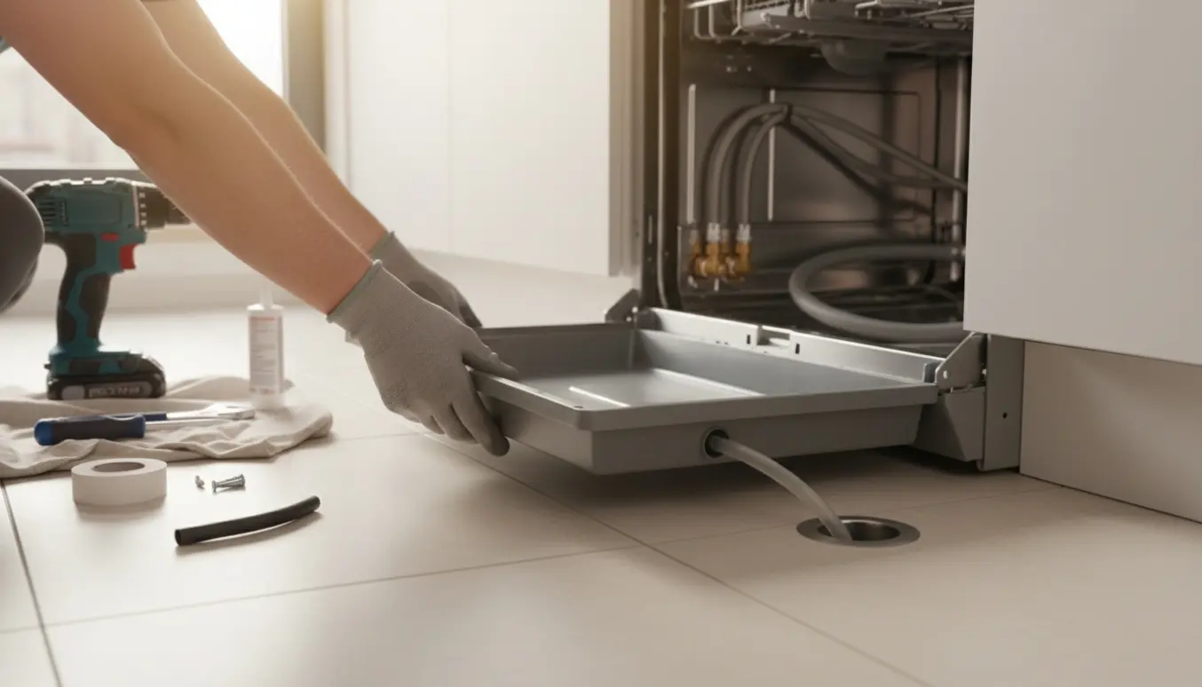 Montør monterer en drypbakke under en allerede installeret opvaskemaskine i et lyst, moderne køkken.