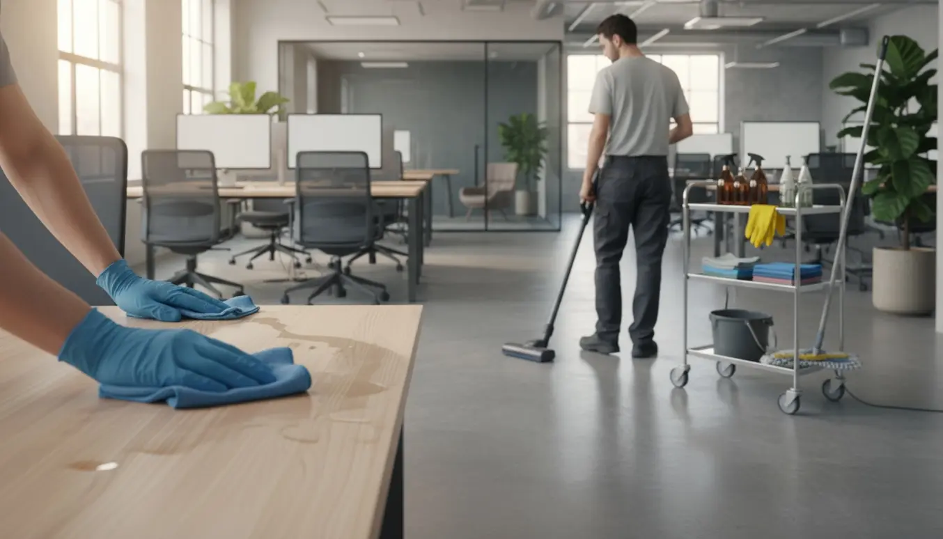 En rengøringsassistent tørrer et skrivebord af i et lyst, åbent kontor med støvsuger og rengøringsvogn i baggrunden.