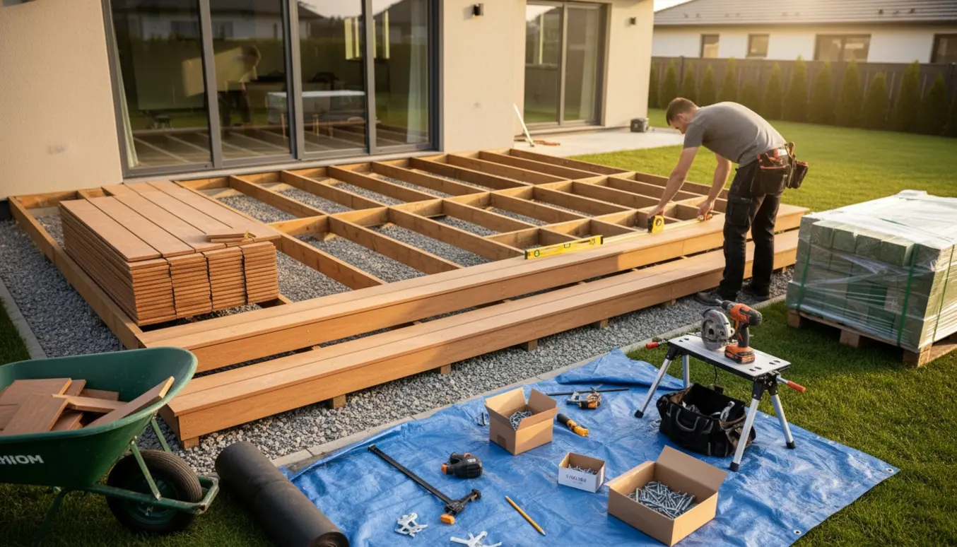 Ny træterrasse under opbygning i haven med stabler af træbrædder, værktøj og en fuldbred trappe.