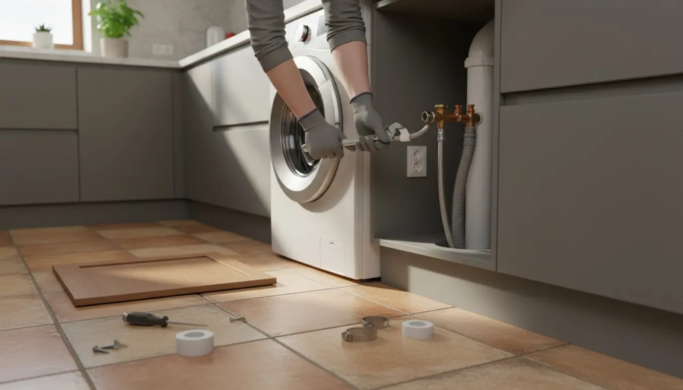 Vaskemaskine installeres i køkken med fjernet skab, hænder tilslutter vand- og afløbsslanger.