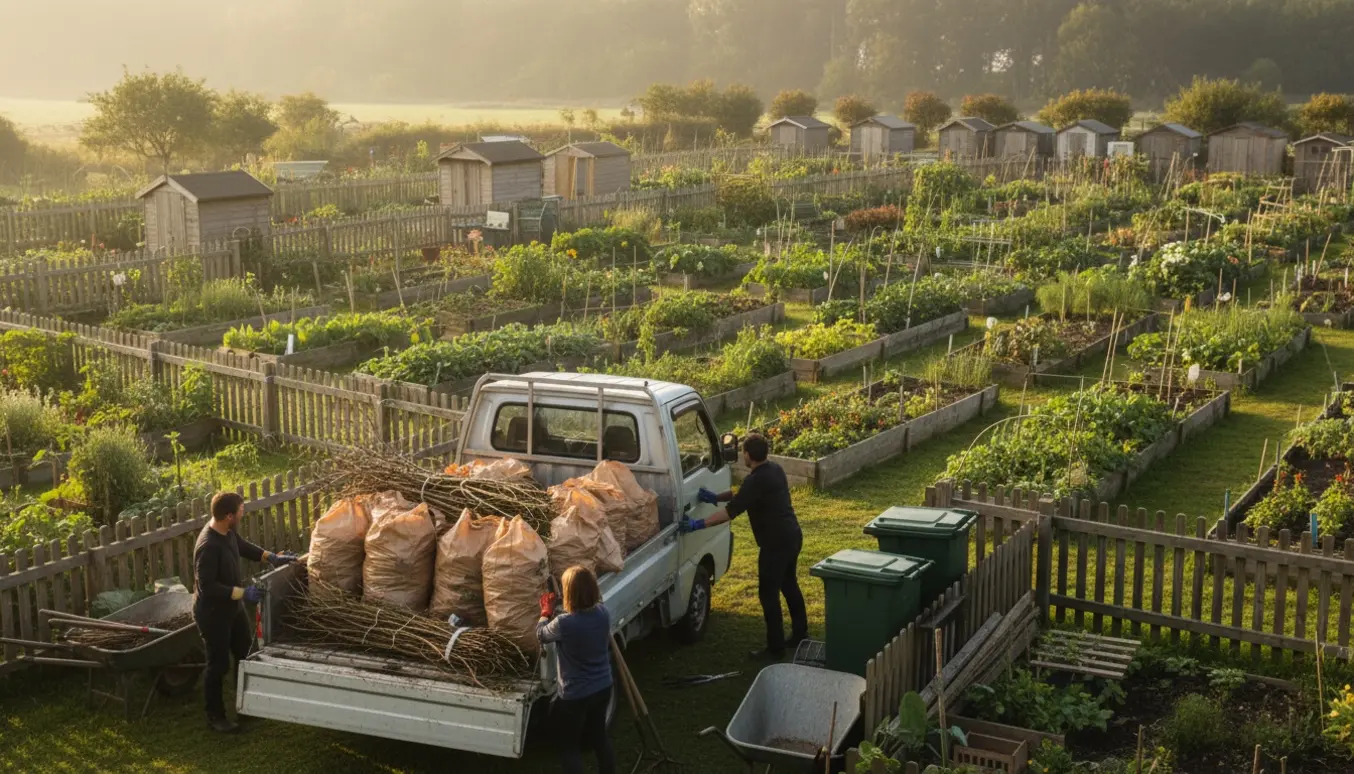 Grønt affald læsses i en lille lastbil ved en fælles haveforening med haveredskaber i baggrunden.
