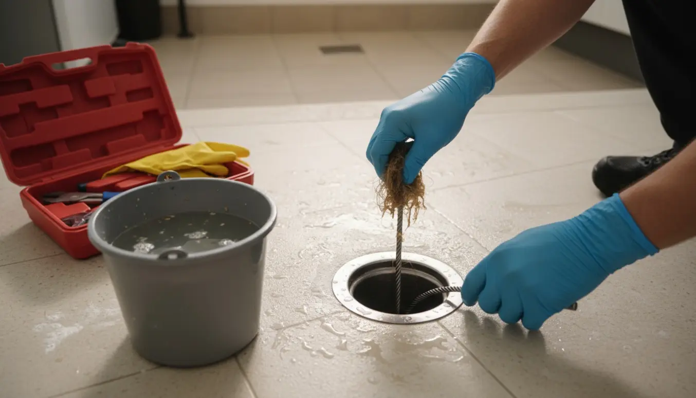 Nærbillede af handskerede hænder, der renser en bruseafløb med en afløbsslange og værktøj i baggrunden.
