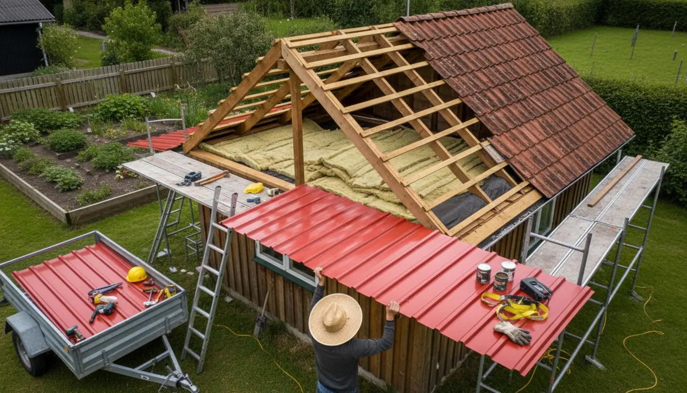 Halvt omlagt tag på et kolonihavehus fra 1976 med trapezplader, isolering og håndværkere uden tydelige ansigter.