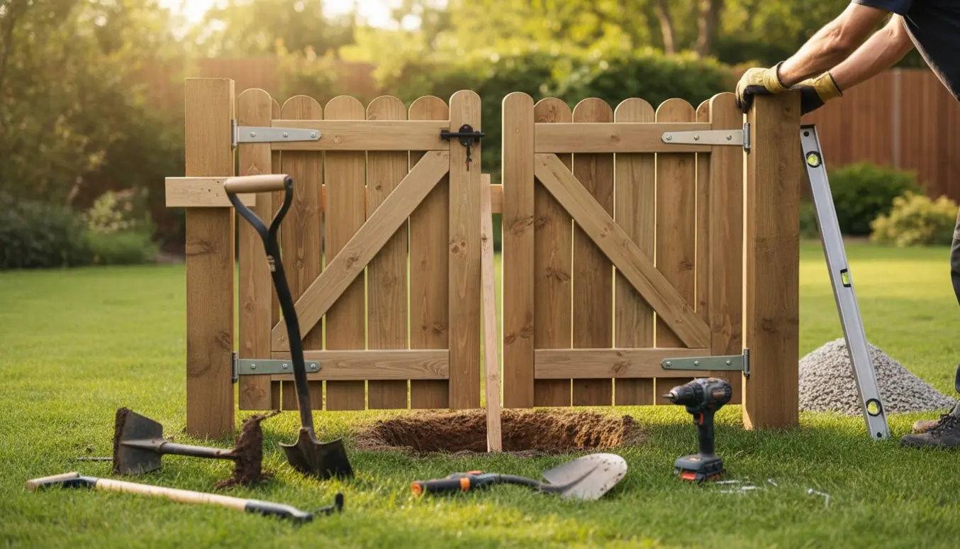 Solbeskinnet have med to havelåger under montering og en pæl halvt nedgravet med værktøj ved siden af.