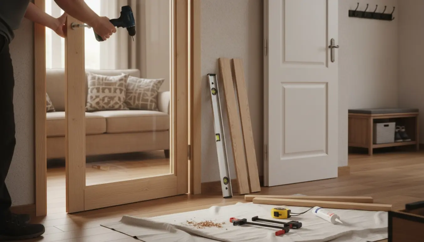 Udskiftning af en indvendig glasdør med karm og gerigt, hvor håndværkerens hænder justerer rammen i døren mellem stue og entre.