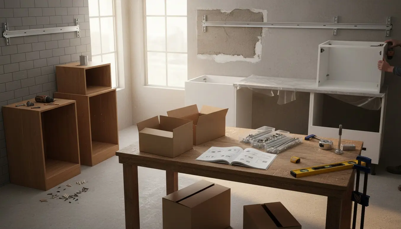 Hænder monterer et nyt fladpakket køkken ved en arbejdsbænk med værktøj og nedtagne skabe i baggrunden.