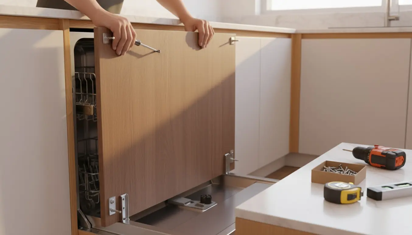 Hænder monterer en frontplade på en indbygget opvaskemaskine i et lyst køkken.