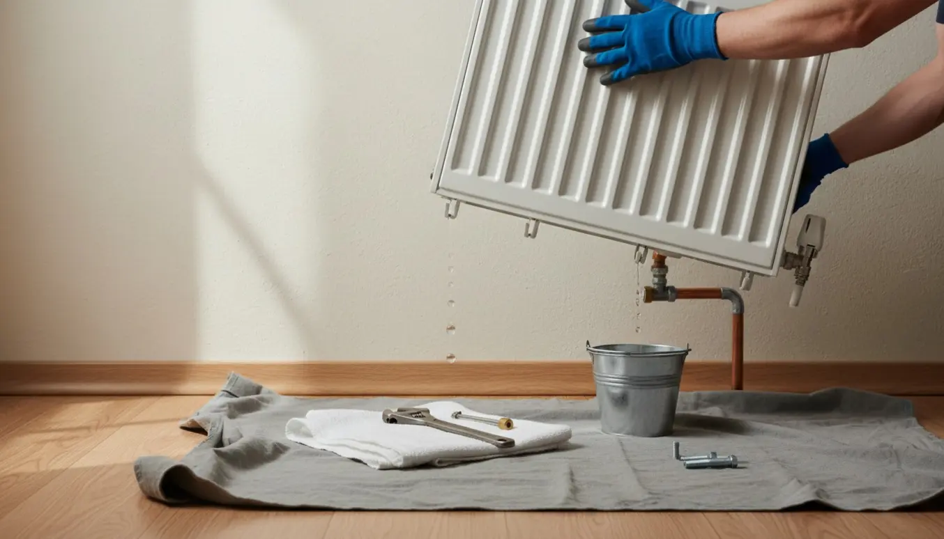 Hænder i handsker afmonterer en hvid radiator fra væggen med en spand til at opsamle vand.