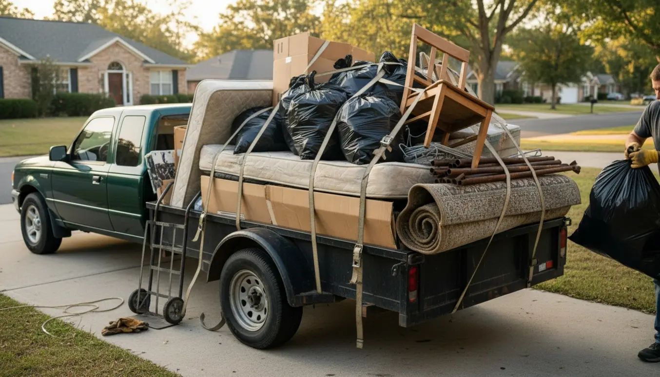 En trailer bag en pickup fyldt med blandet husholdningsaffald, mens en person i handsker læsser skrald.