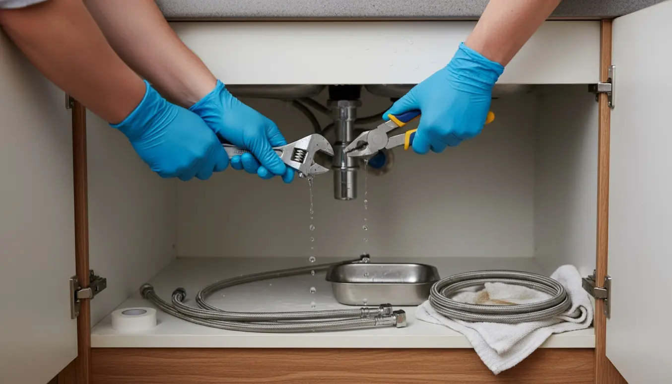 VVS-tekniker skifter utætte flexslanger under en køkkenvask med værktøj og en balje til at opsamle vand.