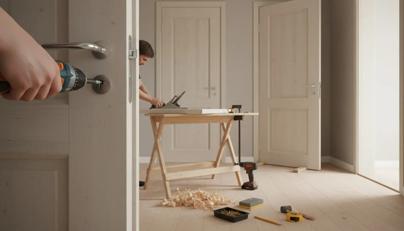 Nærbillede af tre indvendige døre, der justeres med værktøj i en lyst gangrum.