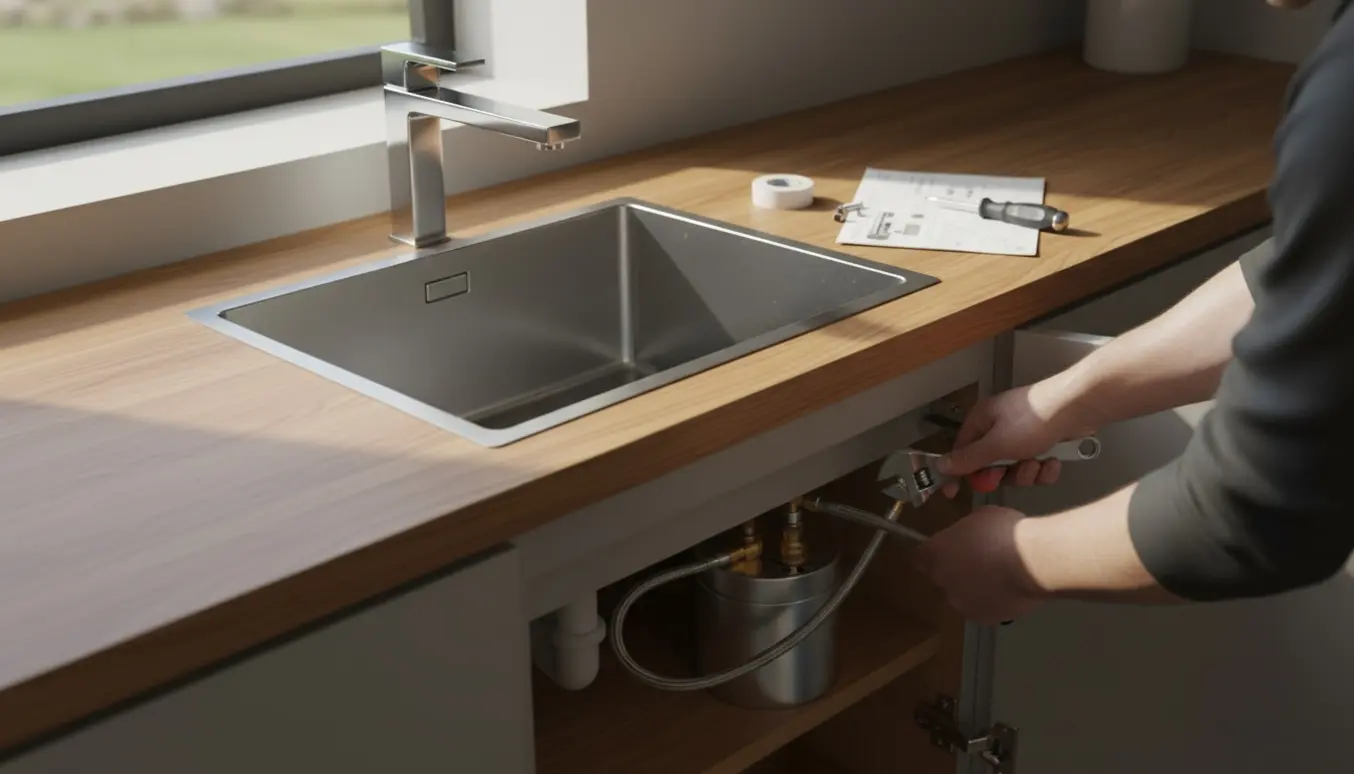 Montering af en firkantet Quooker-hane i et moderne køkken med åben underskab og monteringsværktøj.