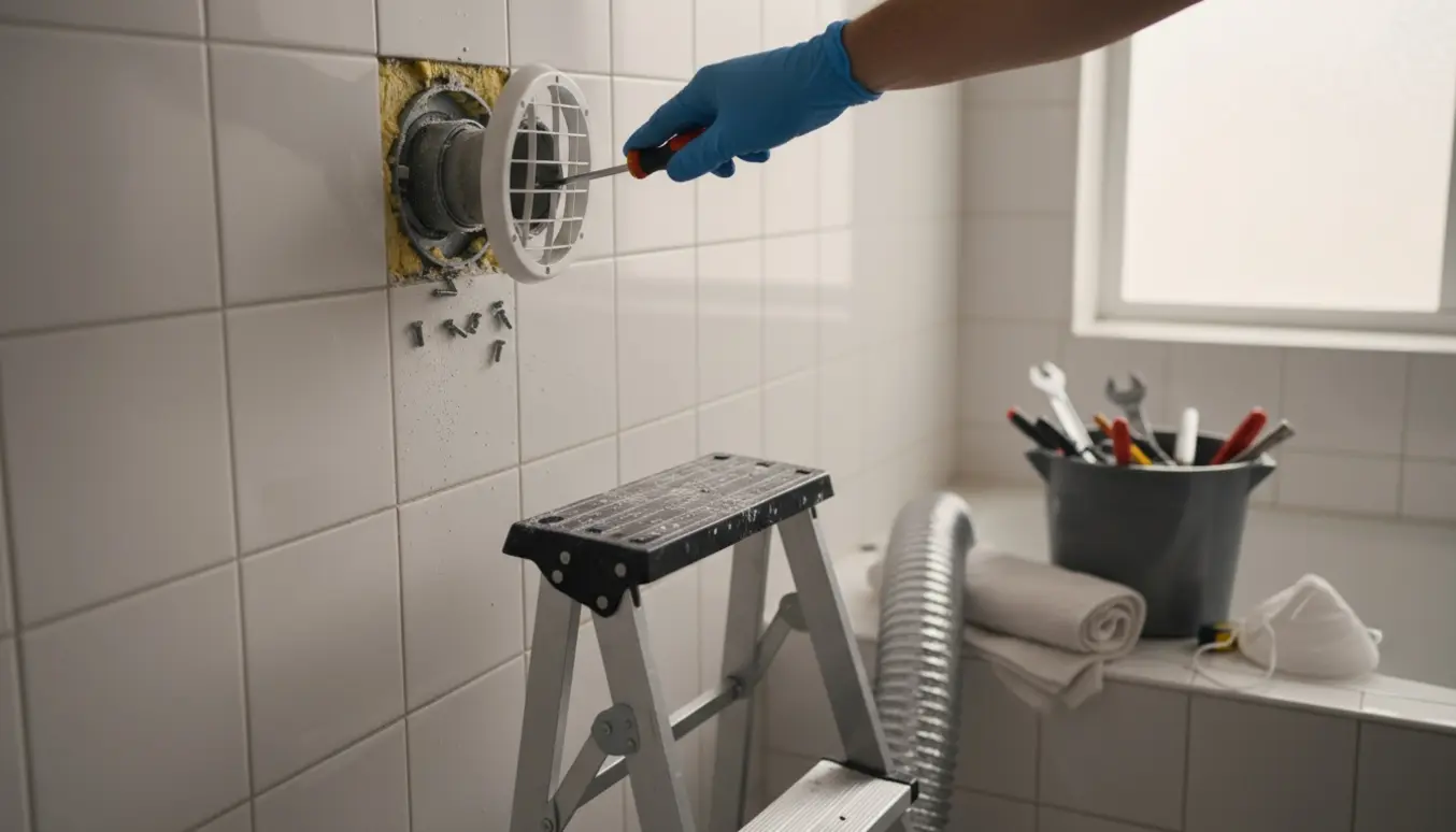 Nærbillede af hænder i handsker, der afmonterer en vægmonteret badeværelsesventilation med en skruetrækker.