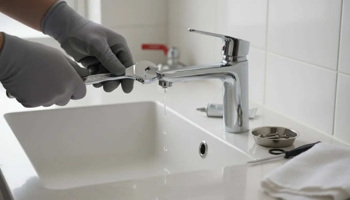 Nærbillede af hænder, der udskifter pakning i en dryppende vandhane ved en køkkenvask.