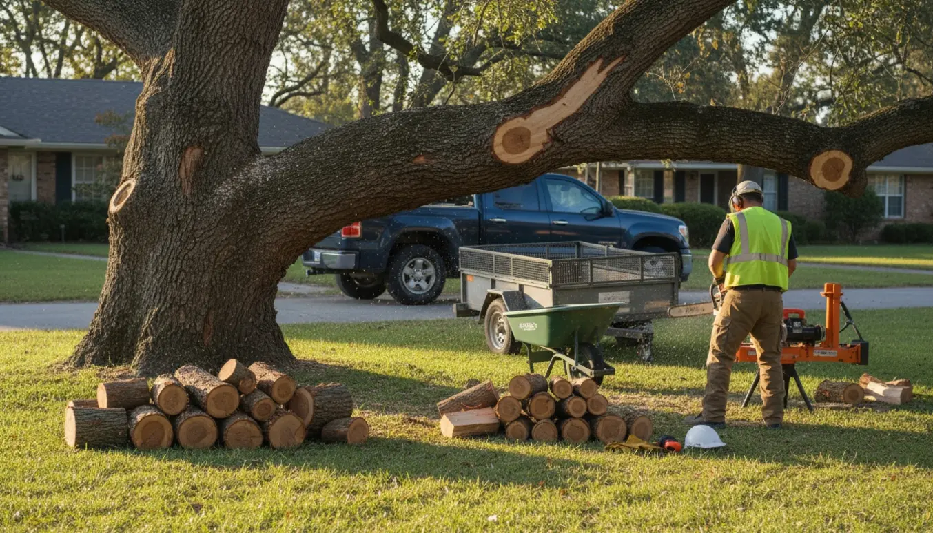 Et væltet stort træ på græsplænen med opstablede træstykker og en person set bagfra ved en motorsav klar til at fjerne dem.