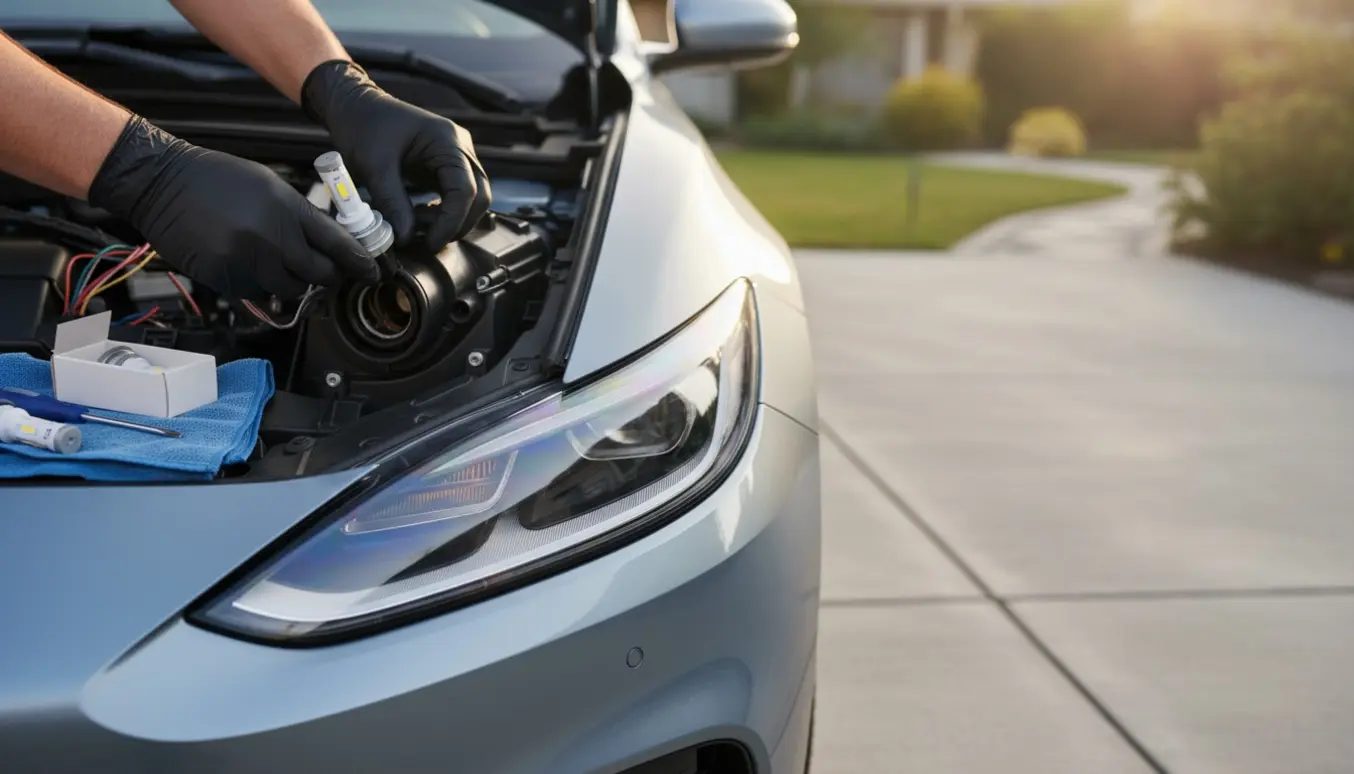 Nærbillede af hænder, der skifter pære i bilens venstre forlygte.