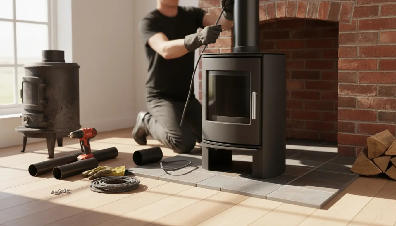 Ny mat sort brændeovn monteres ved en murstenspejs med værktøj og brænde omkring.