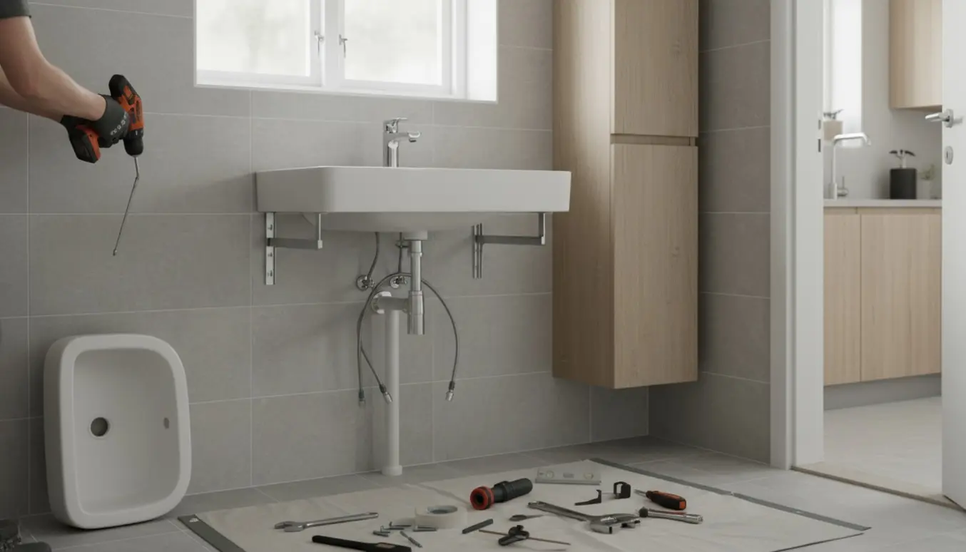 Montering af væghængt baderumsmøbel og højskab på fliser med vask og kromhane, håndværkerhænders værktøj i fokus.