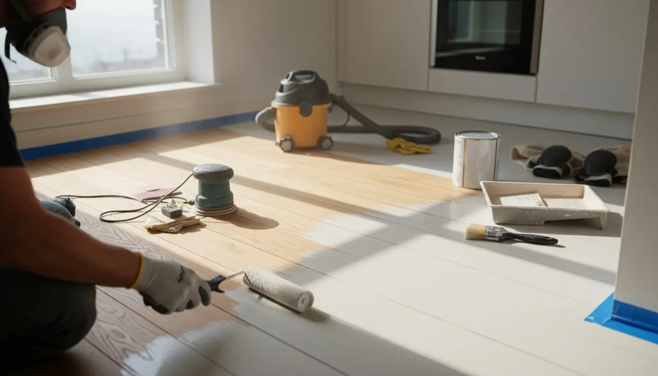 Nærbillede af slibning og maling af et lille trægulv i et lyst køkken med sandet område, malerulle og værktøj.