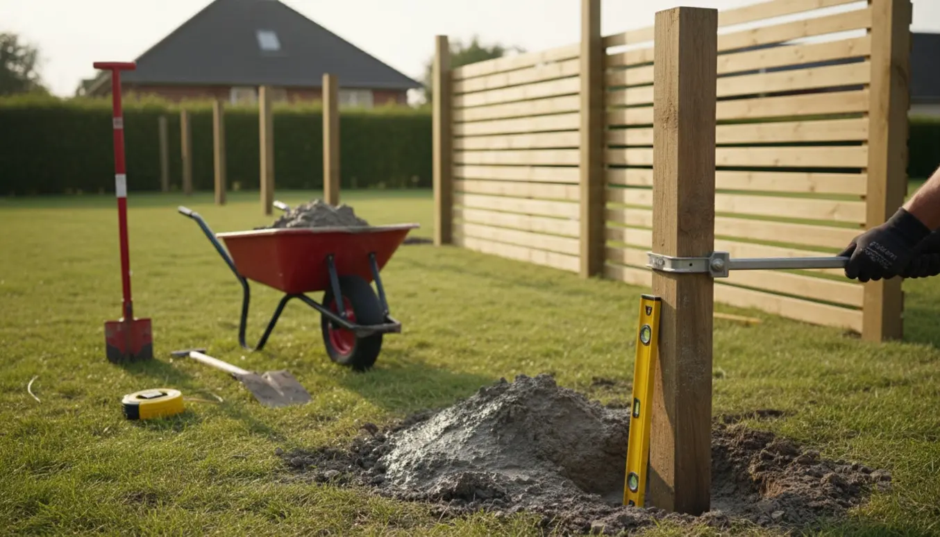 Cirka 20 meter trælamelhegn under opsætning i en baghave med udgravede pælehuller, våd beton og værktøj.