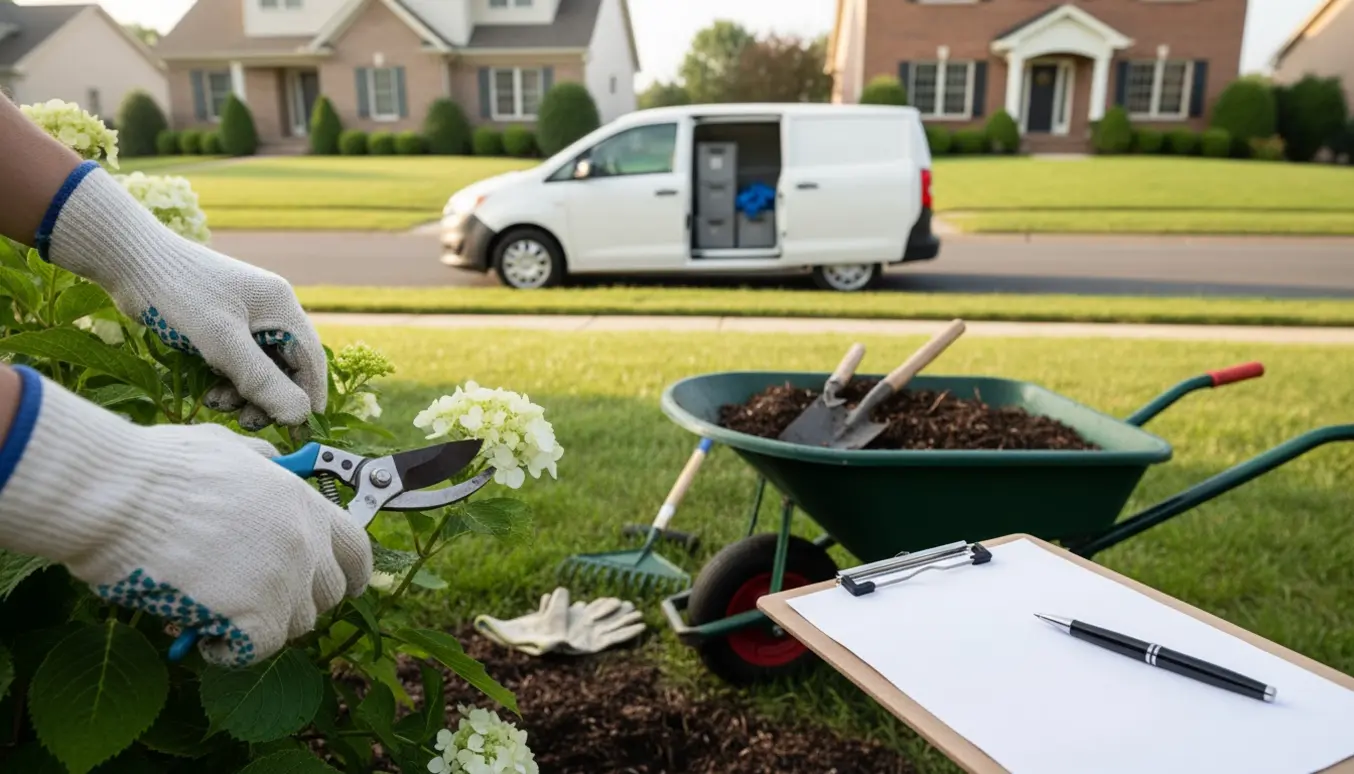 Hænder beskærer en busk med haveredskaber og en ubemærket varevogn parkeret foran flere forstadsboliger.