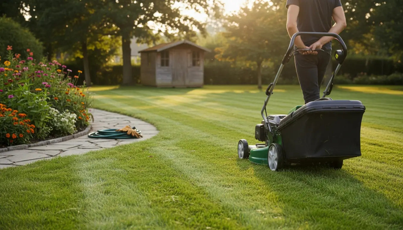 En person slår en 800 m² græsplæne med plæneklipper set bagfra med tydelige nyslåede striber.