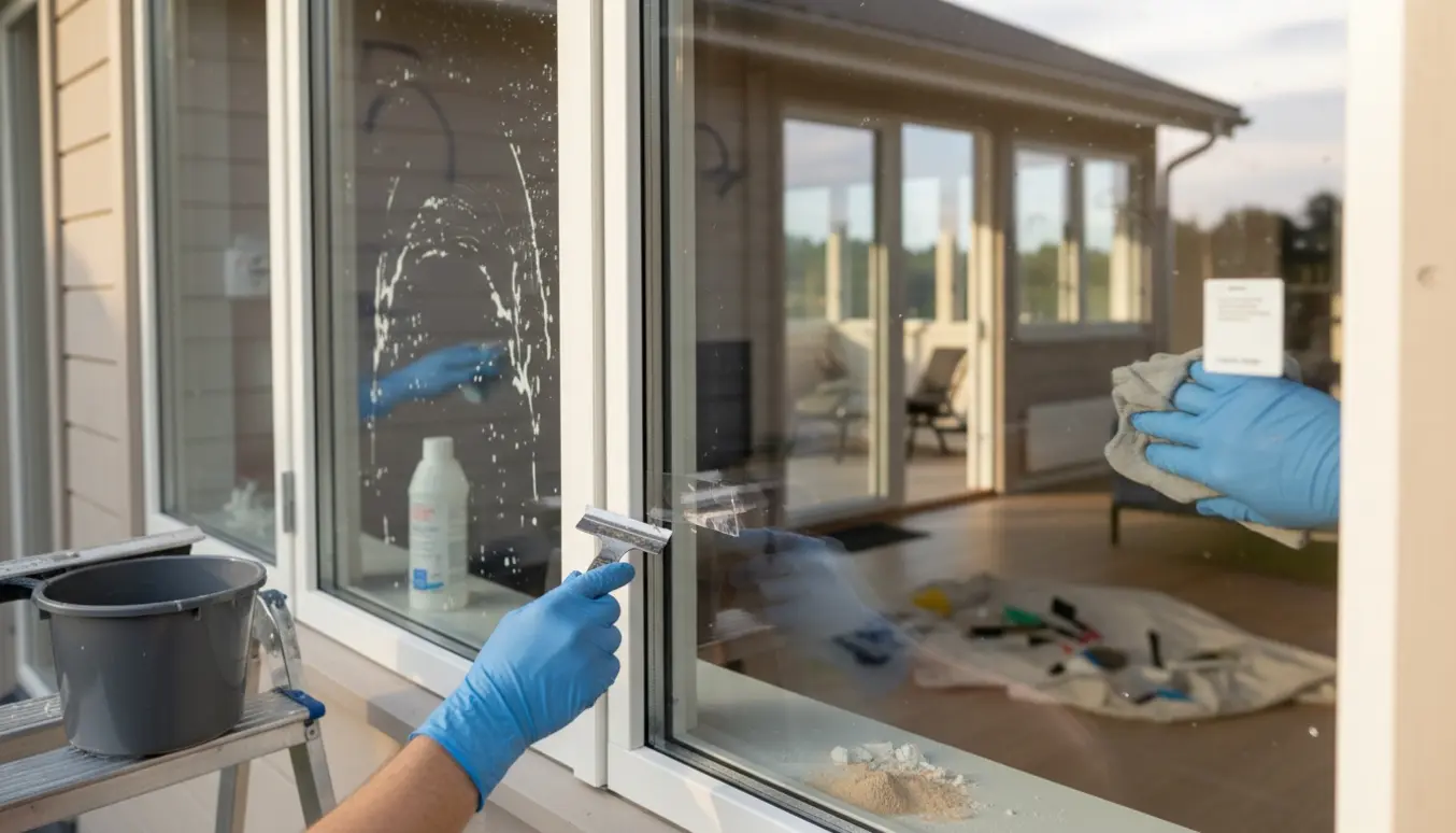 Hænder fjerner klistermærke og pudser vindue på et nybygget sommerhus, mens indvendig karm afvaskes.