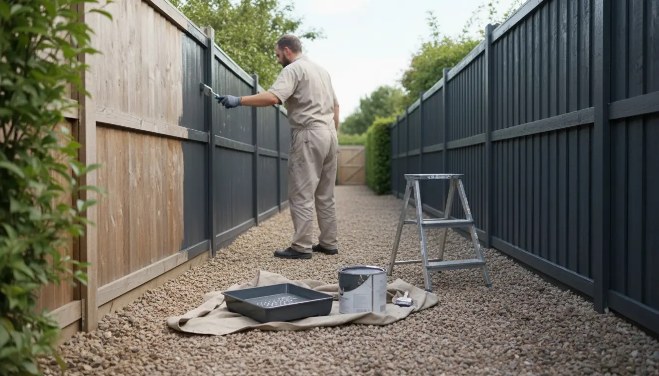Hegn males i antracitfarve, med rulle og spand langs en sti, uden synlige ansigter.