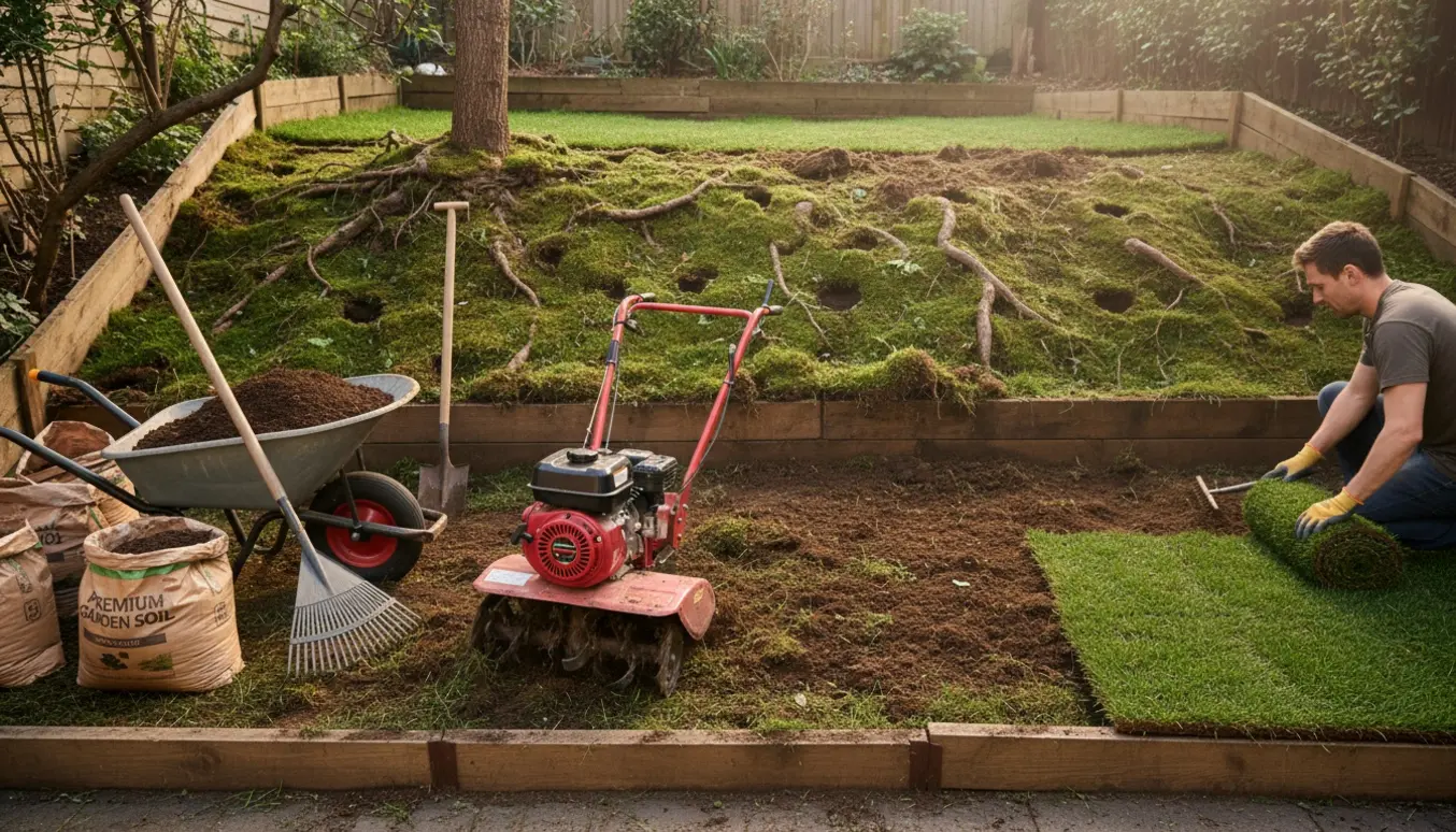 Lille baghave under omlægning med havefræser, ny jord og delvist udrullet rullegræs.